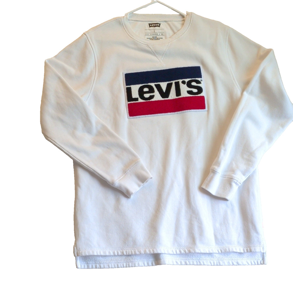 Levis Mens Retro Logo Sweatshirt White Fleece Skater Streetwear Split Hem Sz L